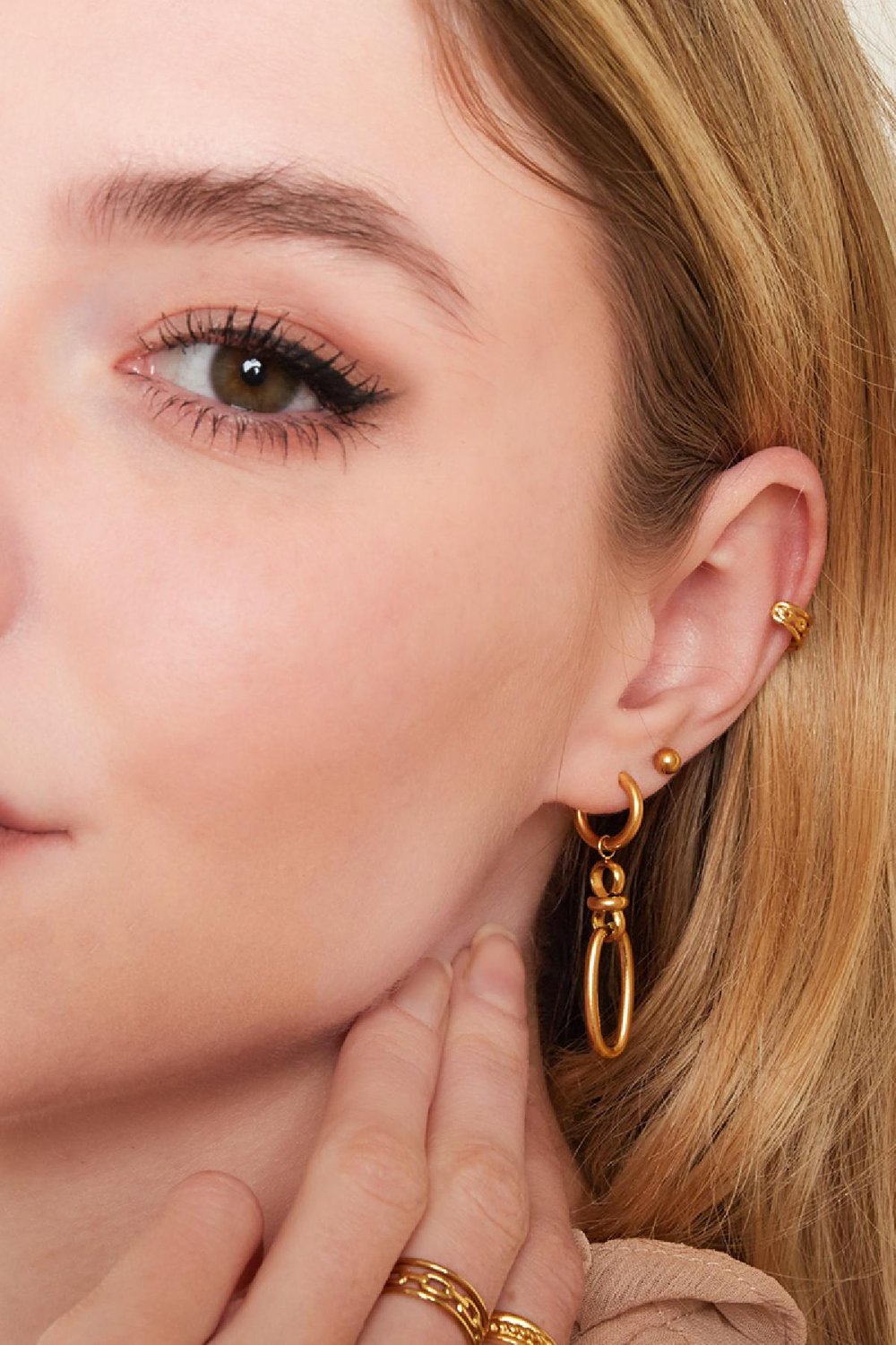 Dreifache Ohrstulpe im Kettenstil Goldfarbe Edelstahl h5Bild3